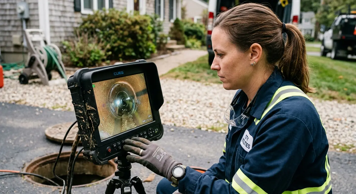 Technician reviewing sewer camera inspection footage in Westfield