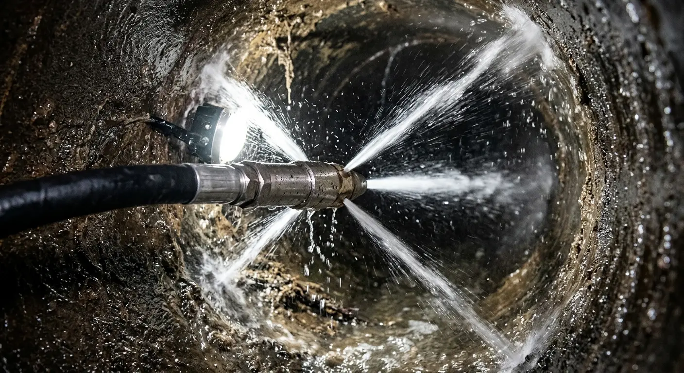 High-pressure hydro jetting nozzle cleaning sewer pipe for Emergency Drain Service in Westfield