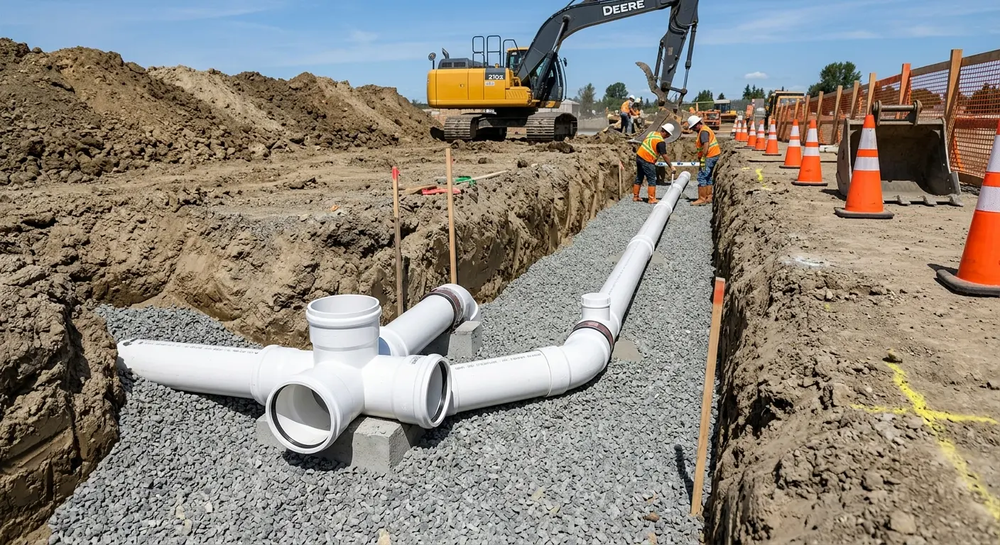 New PVC sewer pipe installation in open trench for Sewer Backup in Westfield