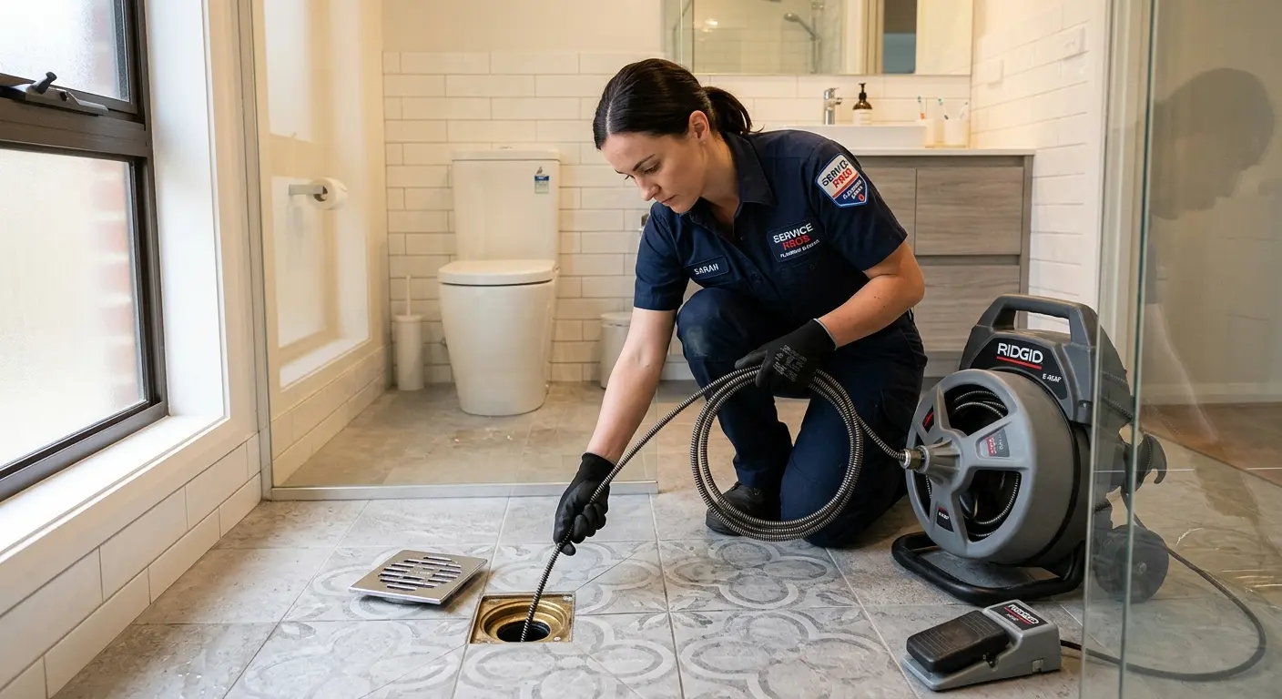 Technician clearing a bathroom floor drain for Drain Cleaning in Westfield